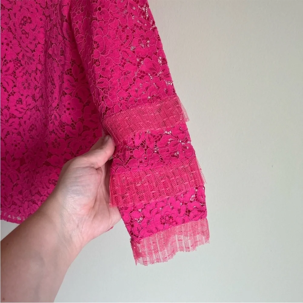 J. Crew Lace Top with Tulle Ruffle Keyhole Button Closure Pink Size XS